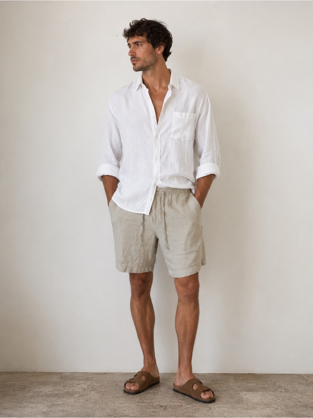 Brandini Linen Drawstring Shorts in Light Beige Casual Summer Minimalist